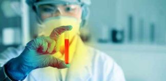 Measles Alarm Without Patients Scientist holding a test tube with red liquid in a laboratory setting