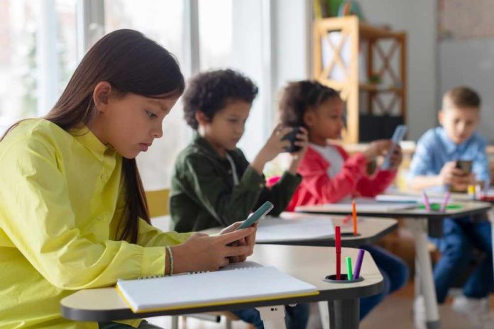 shutterstock_2471109447 Children in a classroom focused on their smartphones