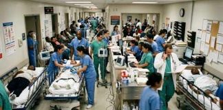 Busy hospital emergency room with medical staff attending to patients
