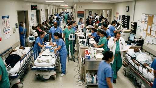 shutterstock_2762547153 Busy hospital emergency room with medical staff attending to patients