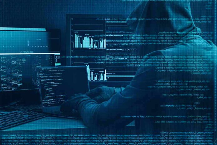 Hooded person at multiple computer screens with code and charts