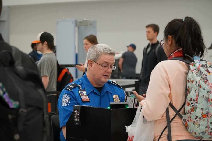 tsa officer checks a traveler's documents at airport security