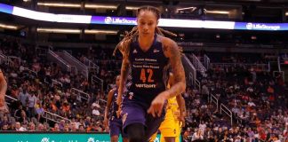 basketball player dribbling on a court during a game