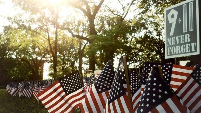 American flags displayed outdoors at a memorial