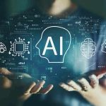 Person holding virtual icons related to artificial intelligence.