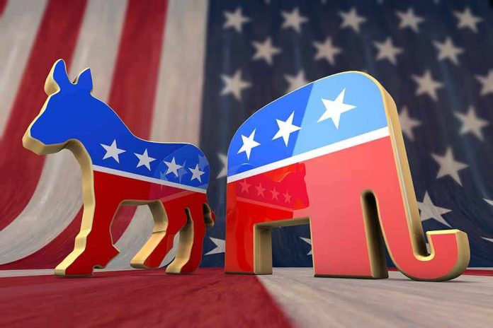 Democratic donkey and Republican elephant symbols on American flag backdrop