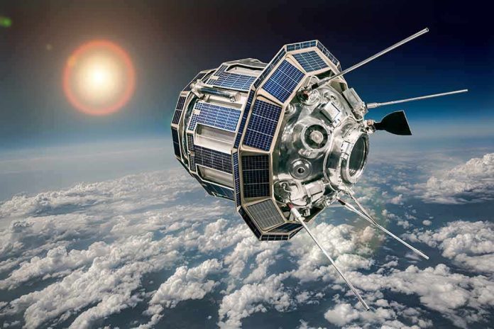 Satellite with solar panels orbiting above Earth’s clouds