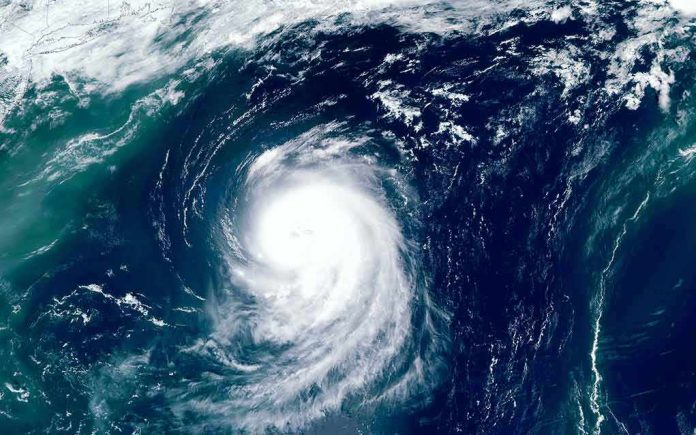 Satellite view of a powerful hurricane swirling over the ocean