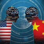 AI Giants Make a Morally Binding Promise Silhouettes with circuit brains over US and China flags facing a globe
