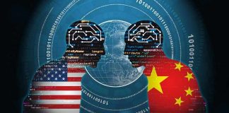 Silhouettes with circuit brains over US and China flags facing a globe