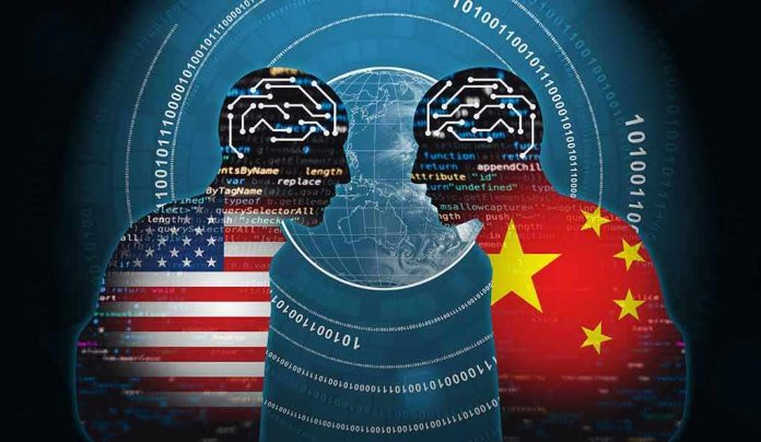 Silhouettes with circuit brains over US and China flags facing a globe