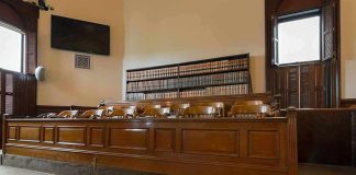 jury box in an empty courtroom