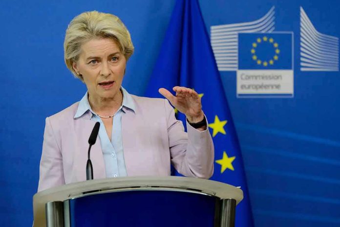 shutterstock_2198915239 Speaker at podium during EU press conference