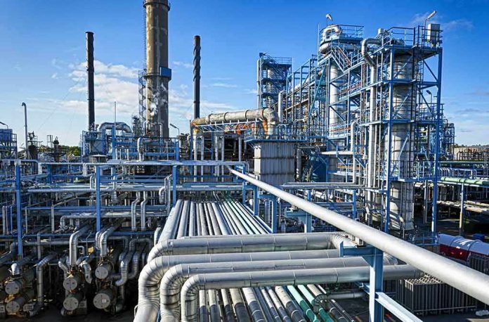 Industrial refinery with pipelines and distillation towers under blue sky