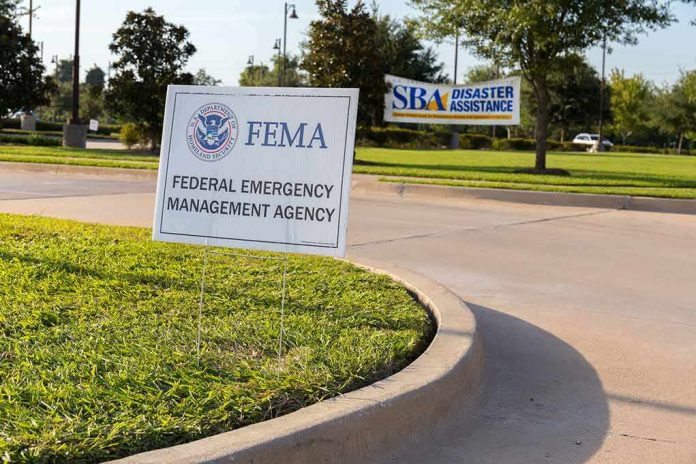 FEMA sign on grassy median in a parking area