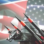 Missile launcher against North Korea and United States flags