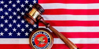 Lifetime GUN Ban Over 1 Misdemeanor Judge's gavel and NRA emblem on American flag