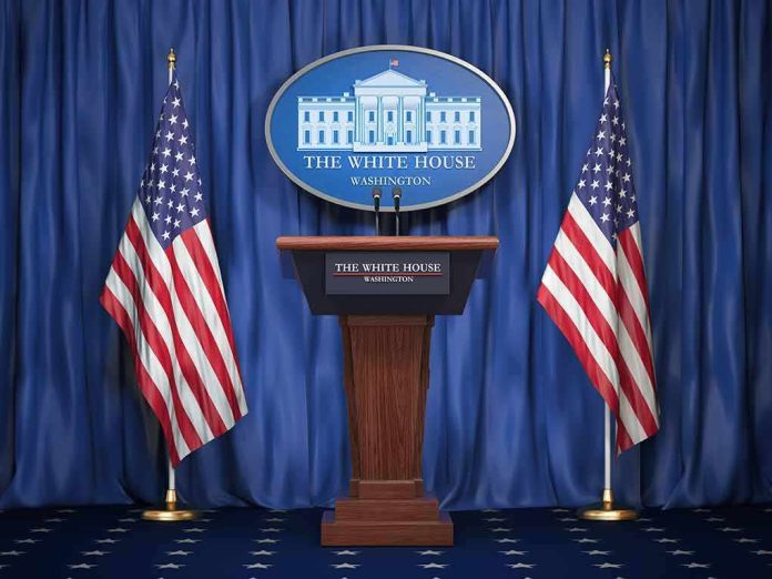 White House press podium with microphones and two American flags