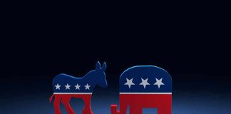 Donkey and elephant symbols facing each other