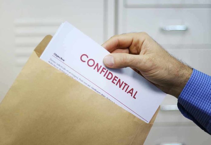 Hand placing confidential document into a brown envelope