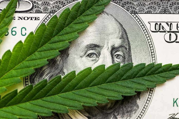 shutterstock_1441305854 cannabis leaf over US dollar bill