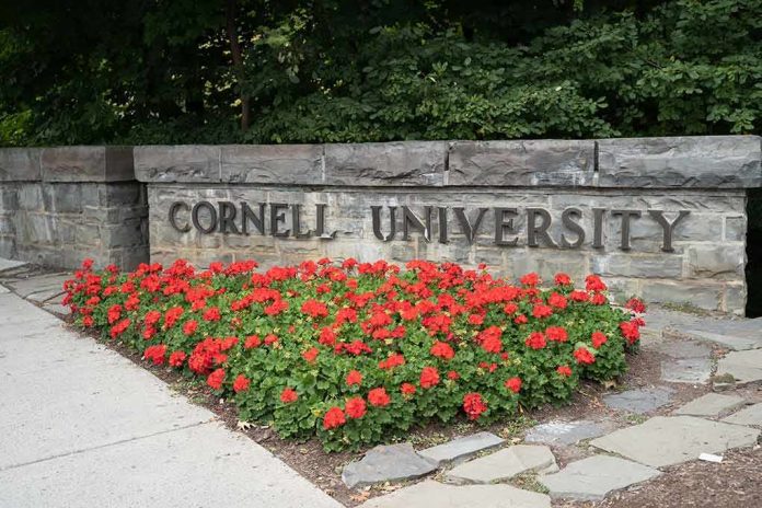shutterstock_1501705556 Cornell University stone sign with red flowers