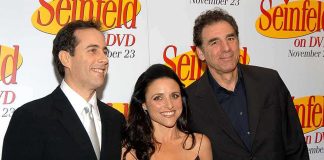 Three actors posing together at a promotional event for Seinfeld on DVD