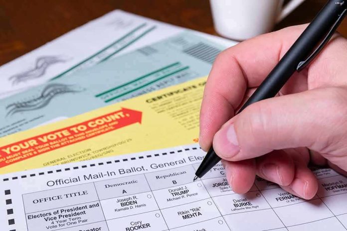 Hand filling out a mail-in ballot with a pen