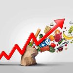 Red upward arrow over groceries spilling from a paper bag
