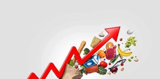 Red upward arrow over groceries spilling from a paper bag