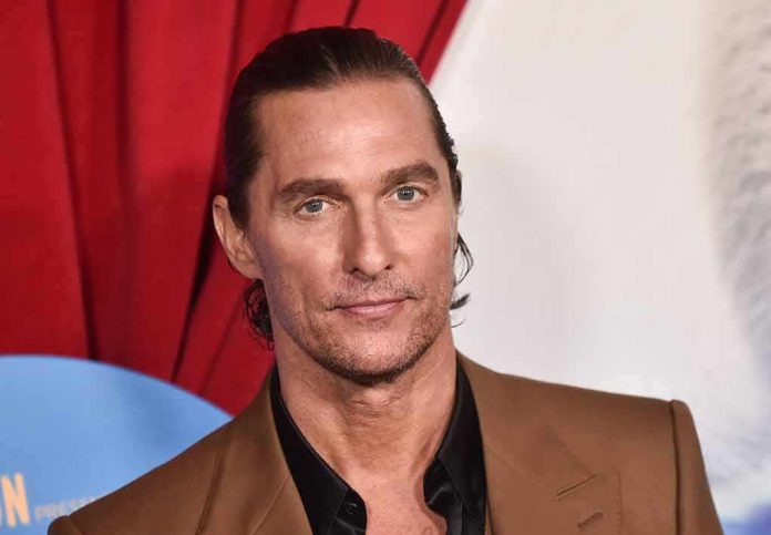 Matthew McConaughey at an event, close-up portrait in a brown suit