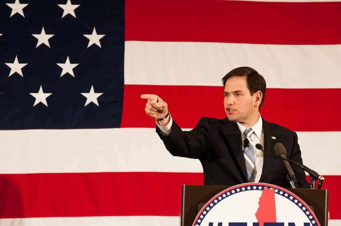 shutterstock_273362126 Speaker in suit pointing during speech before large American flag