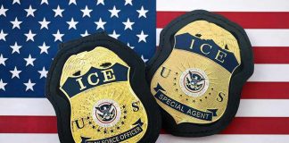 Undercover ICE Agents Reportedly EXPOSED ICE badges on an American flag background